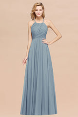 Halter Crisscross Pleated Bridesmaid Dress Blue Chiffon Sleeveless Maid of Honor Dress-Babyonlines