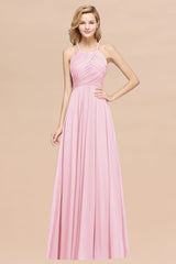 Halter Crisscross Pleated Bridesmaid Dress Blue Chiffon Sleeveless Maid of Honor Dress-Babyonlines