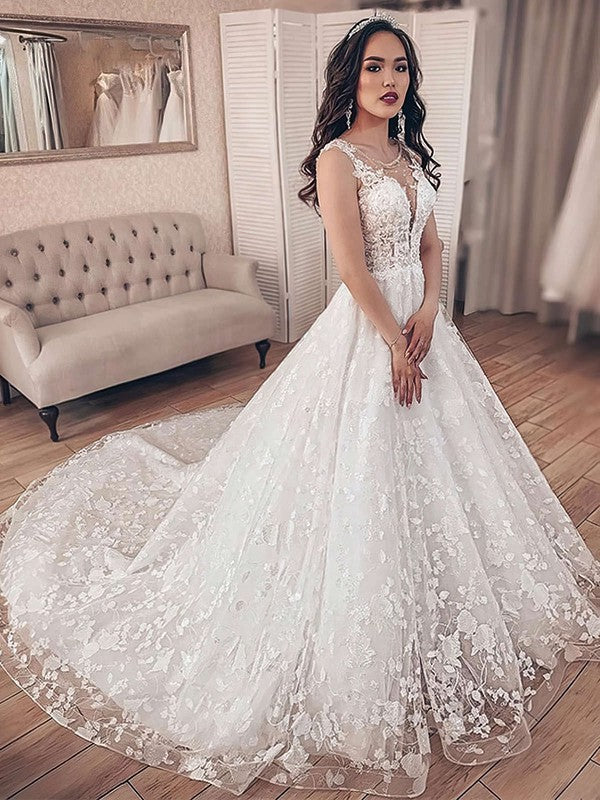 Illusion Lace Court Train Wedding Dress With Beading for Ball Gown