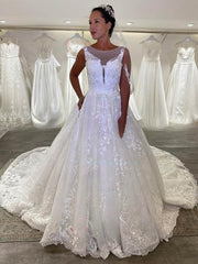 Illusion Tulle Court Train Wedding Dress with Beading - Ball Gown Style