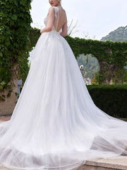 Illusion Tulle Court Train Wedding Dresses With Appliques Lace Ball Gown