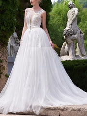 Illusion Tulle Court Train Wedding Dresses With Appliques Lace Ball Gown