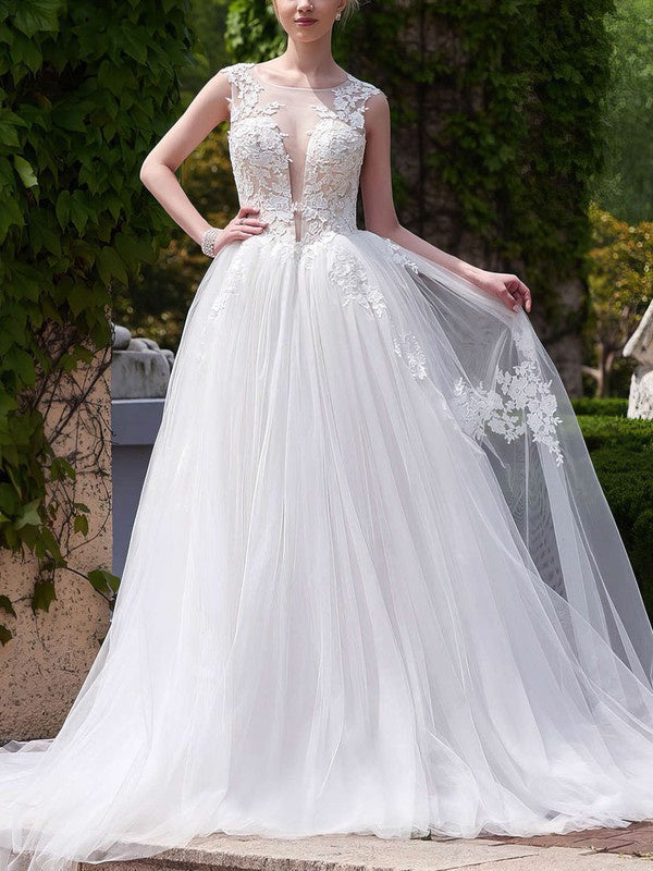 Illusion Tulle Court Train Wedding Dresses With Appliques Lace Ball Gown