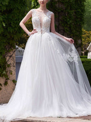 Illusion Tulle Court Train Wedding Dresses With Appliques Lace Ball Gown