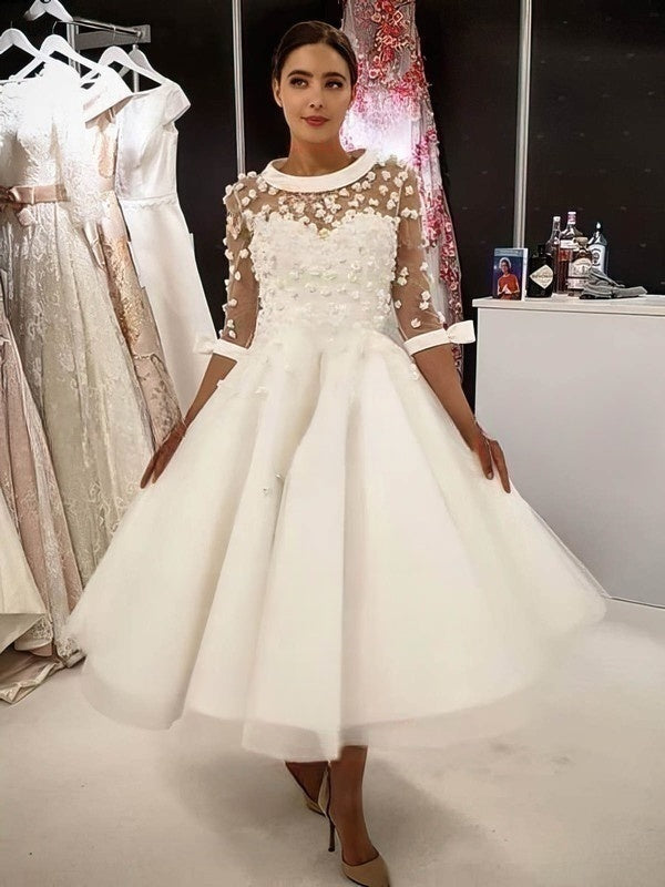 Illusion Tulle Tea-length Wedding Dress with Flower(s) for your Ball Gown