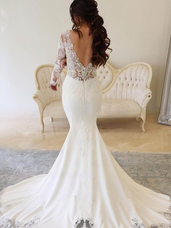 Lace Applique Trumpet/Mermaid V-neck Stretch Crepe Court Train Wedding Dress