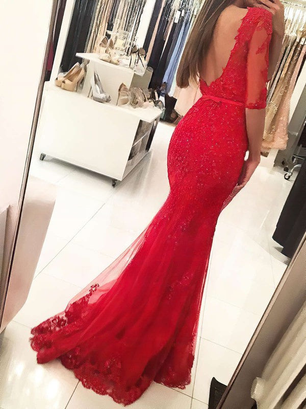 Lace Appliques Prom Dress - Trumpet/Mermaid Sweep Train, Scoop Neck, Tulle 1/2 Sleeves
