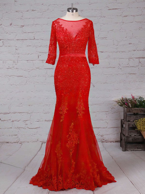 Lace Appliques Prom Dress - Trumpet/Mermaid Sweep Train, Scoop Neck, Tulle 1/2 Sleeves