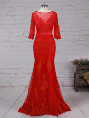 Lace Appliques Prom Dress - Trumpet/Mermaid Sweep Train, Scoop Neck, Tulle 1/2 Sleeves