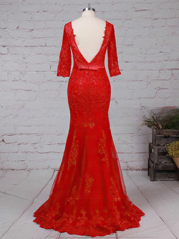 Lace Appliques Prom Dress - Trumpet/Mermaid Sweep Train, Scoop Neck, Tulle 1/2 Sleeves