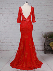Lace Appliques Prom Dress - Trumpet/Mermaid Sweep Train, Scoop Neck, Tulle 1/2 Sleeves