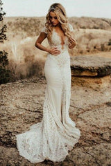Lace Silk-like Satin Trumpet/Mermaid V-neck Wedding Dress with Sweep Train