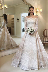 Lace Sweep Train Ball Gown Wedding Dress with Buttons and Off-the-shoulder Style