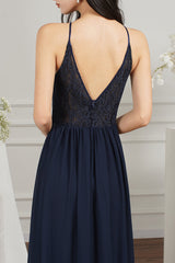 Long A-line Keyhole Neckline Lace Spaghetti Chiffon Bridesmaid Dresses-Babyonlines