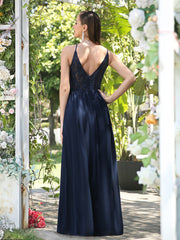 Long A-line Keyhole Neckline Lace Spaghetti Chiffon Bridesmaid Dresses-Babyonlines