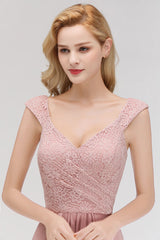 Long A-line V-neck Sweetheart Sleeveless Lace Chiffon Bridesmaid Dresses-Babyonlines