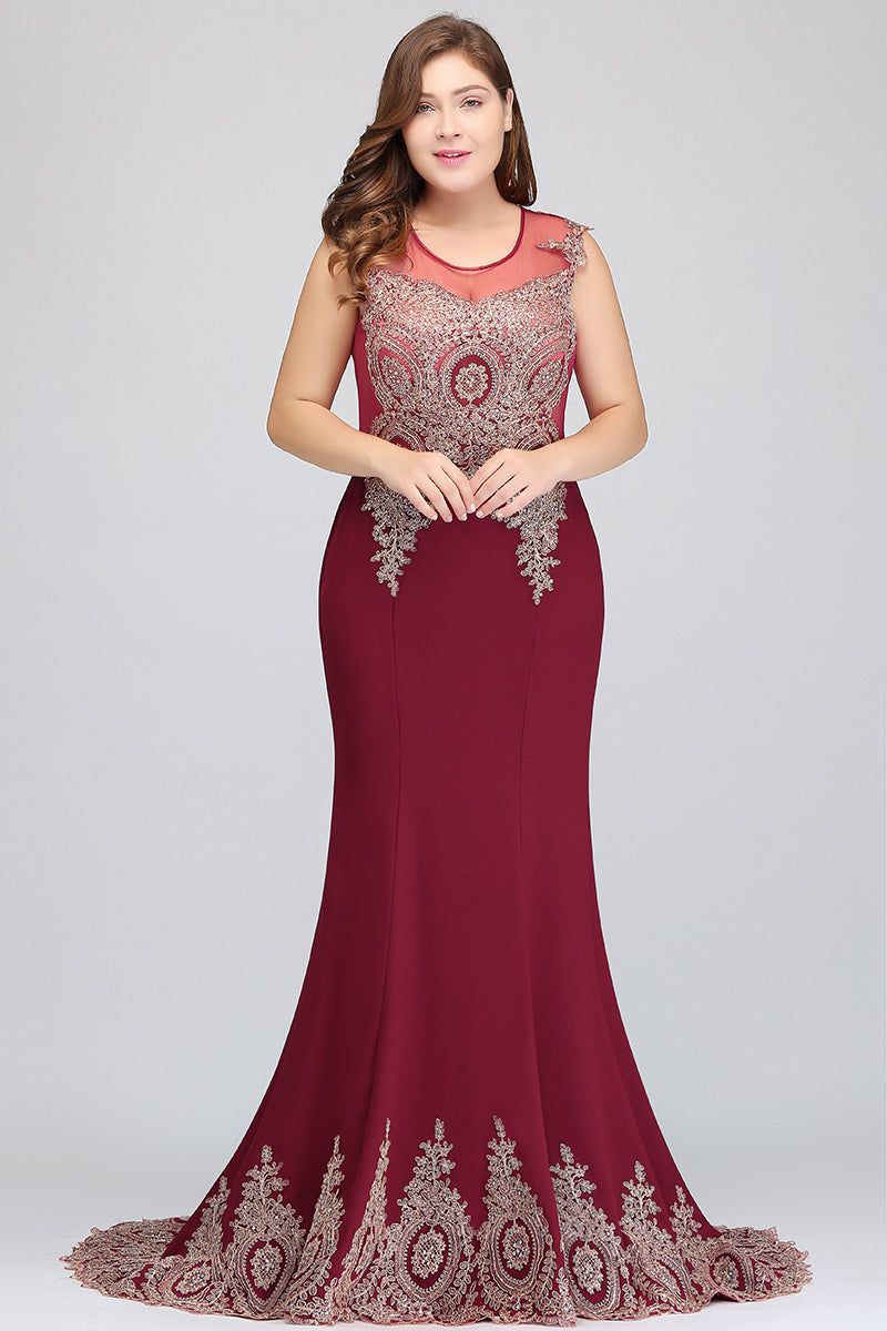 Long Mermaid Court Train Chiffon Lace Evening Dress with Appliques-Babyonlines