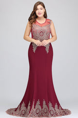 Long Mermaid Court Train Chiffon Lace Evening Dress with Appliques-Babyonlines