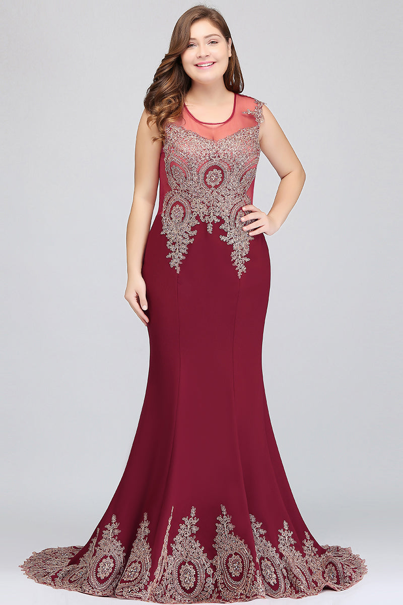 Long Mermaid Court Train Chiffon Lace Evening Dress with Appliques-Babyonlines