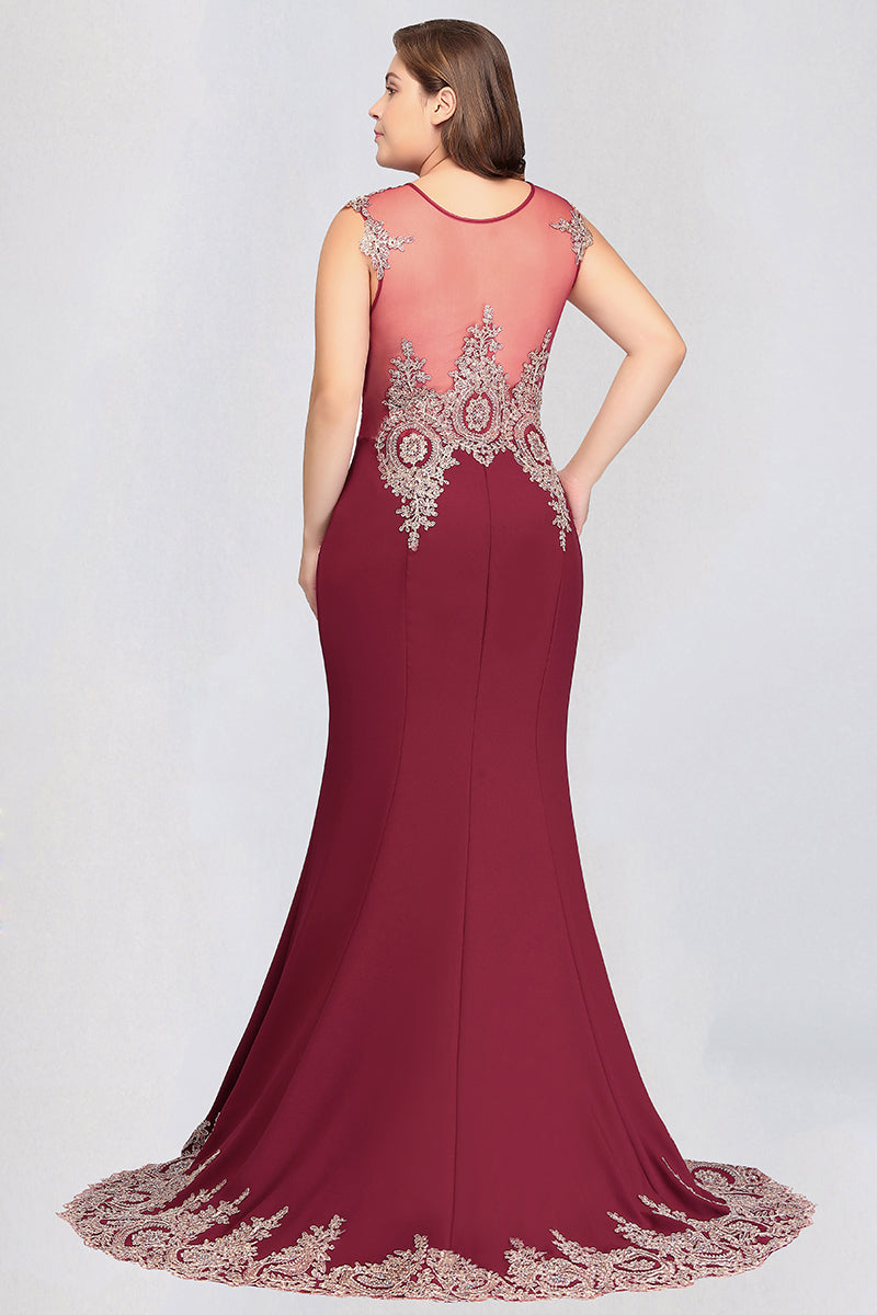 Long Mermaid Court Train Chiffon Lace Evening Dress with Appliques-Babyonlines