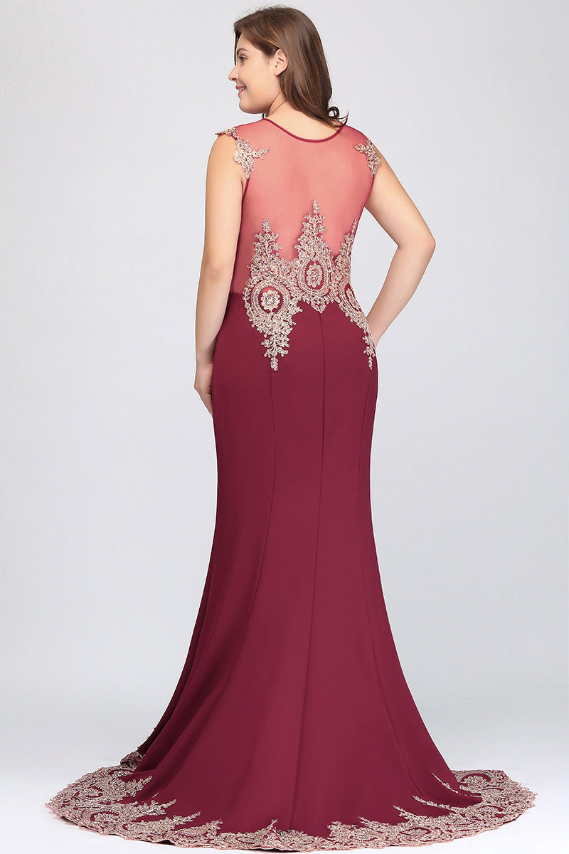 Long Mermaid Court Train Chiffon Lace Evening Dress with Appliques-Babyonlines