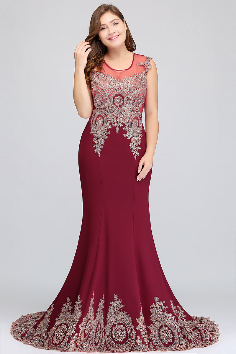 Long Mermaid Court Train Chiffon Lace Evening Dress with Appliques-Babyonlines