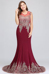 Long Mermaid Court Train Chiffon Lace Evening Dress with Appliques-Babyonlines
