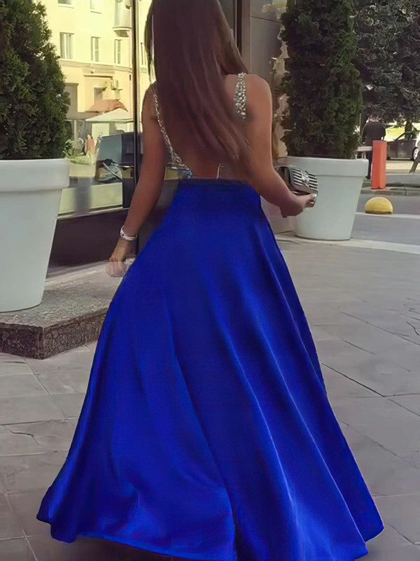 Look Like a Princess in V-neck Satin Floor-length Beading Prom Dresses
