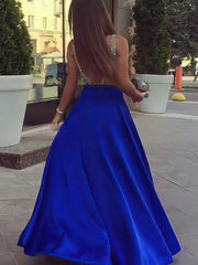 Look Like a Princess in V-neck Satin Floor-length Beading Prom Dresses
