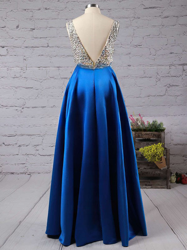 Look Like a Princess in V-neck Satin Floor-length Beading Prom Dresses