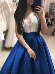 Look Like a Princess in V-neck Satin Floor-length Beading Prom Dresses