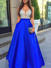 Look Like a Princess in V-neck Satin Floor-length Beading Prom Dresses