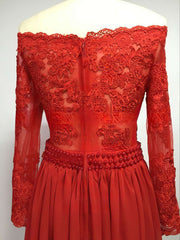 Look Stunning in A-line Off-the-shoulder Chiffon Floor-length Appliques Lace Prom Dresses