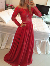 Look Stunning in A-line Off-the-shoulder Chiffon Floor-length Appliques Lace Prom Dresses