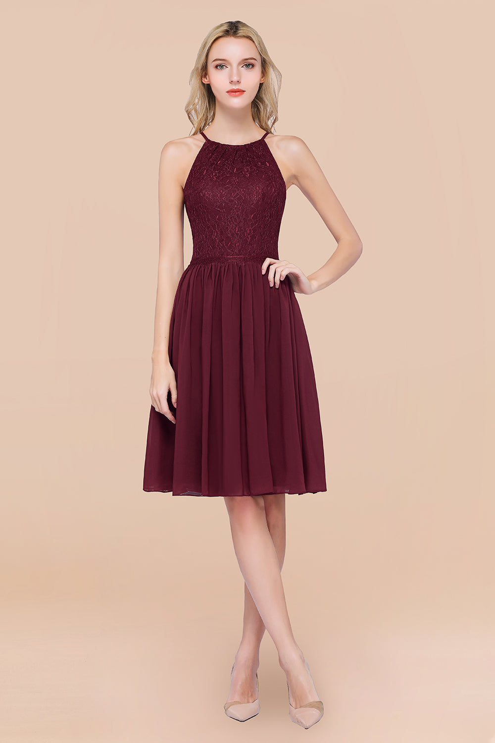 Lovely Burgundy Lace Short Bridesmaid Dress With Spaghetti-Straps-Babyonlines