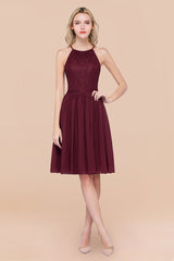 Lovely Burgundy Lace Short Bridesmaid Dress With Spaghetti-Straps-Babyonlines