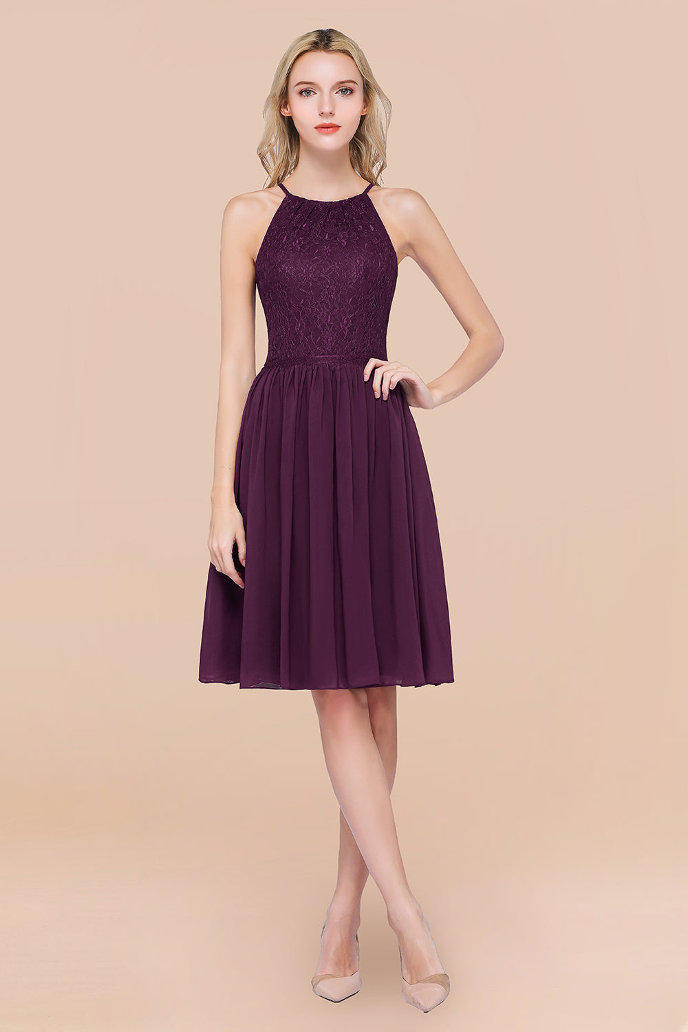 Lovely Burgundy Lace Short Bridesmaid Dress With Spaghetti-Straps-Babyonlines