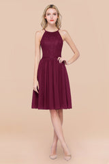 Lovely Burgundy Lace Short Bridesmaid Dress With Spaghetti-Straps-Babyonlines