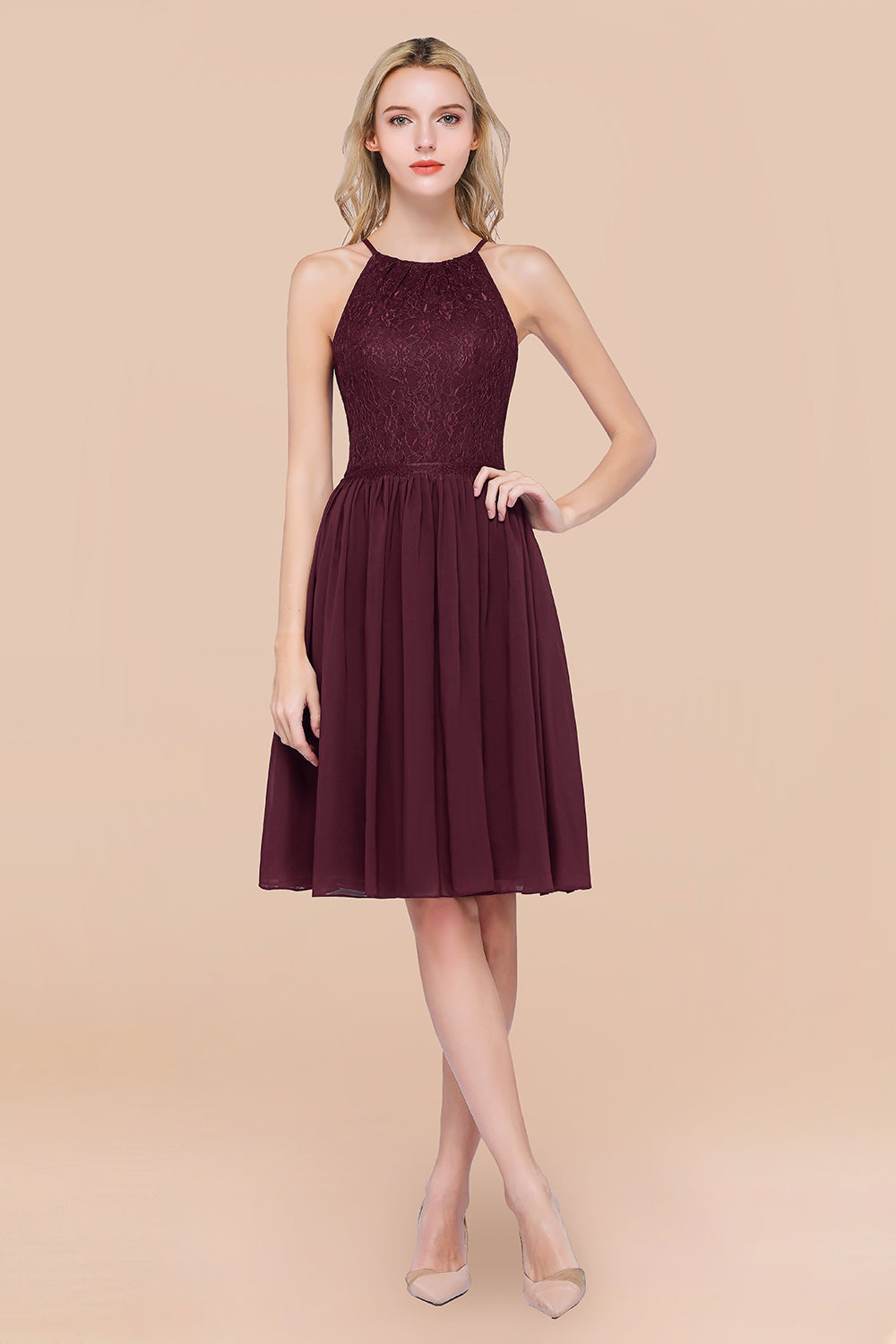 Lovely Burgundy Lace Short Bridesmaid Dress With Spaghetti-Straps-Babyonlines