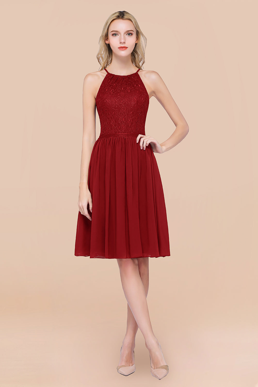Lovely Burgundy Lace Short Bridesmaid Dress With Spaghetti-Straps-Babyonlines