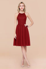 Lovely Burgundy Lace Short Bridesmaid Dress With Spaghetti-Straps-Babyonlines
