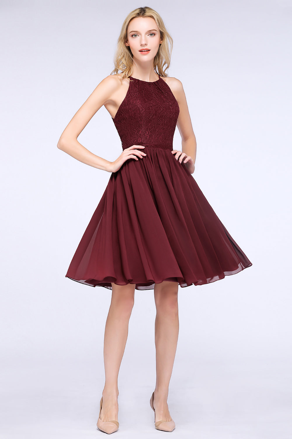 Lovely Burgundy Lace Short Bridesmaid Dress With Spaghetti-Straps-Babyonlines
