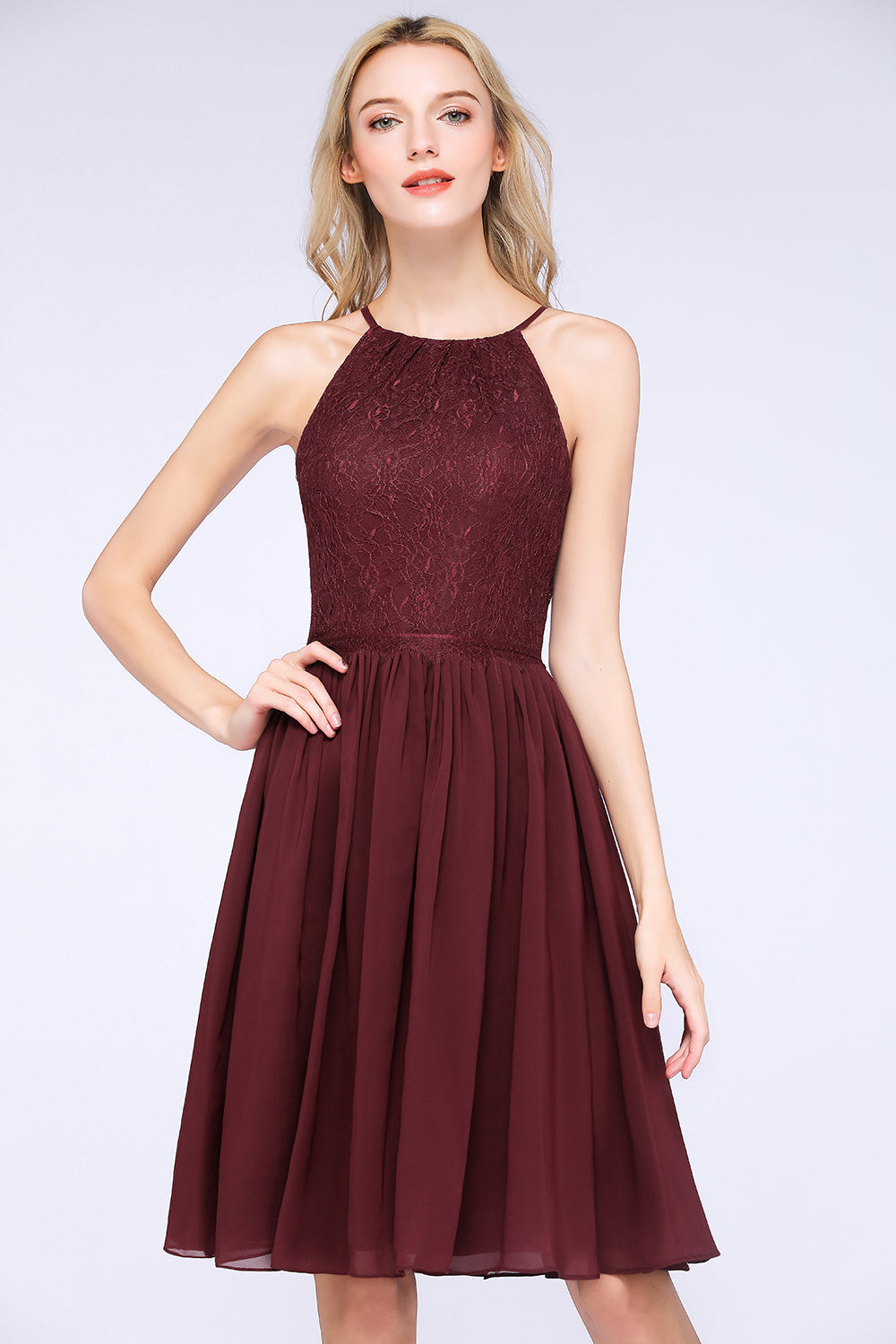 Lovely Burgundy Lace Short Bridesmaid Dress With Spaghetti-Straps-Babyonlines