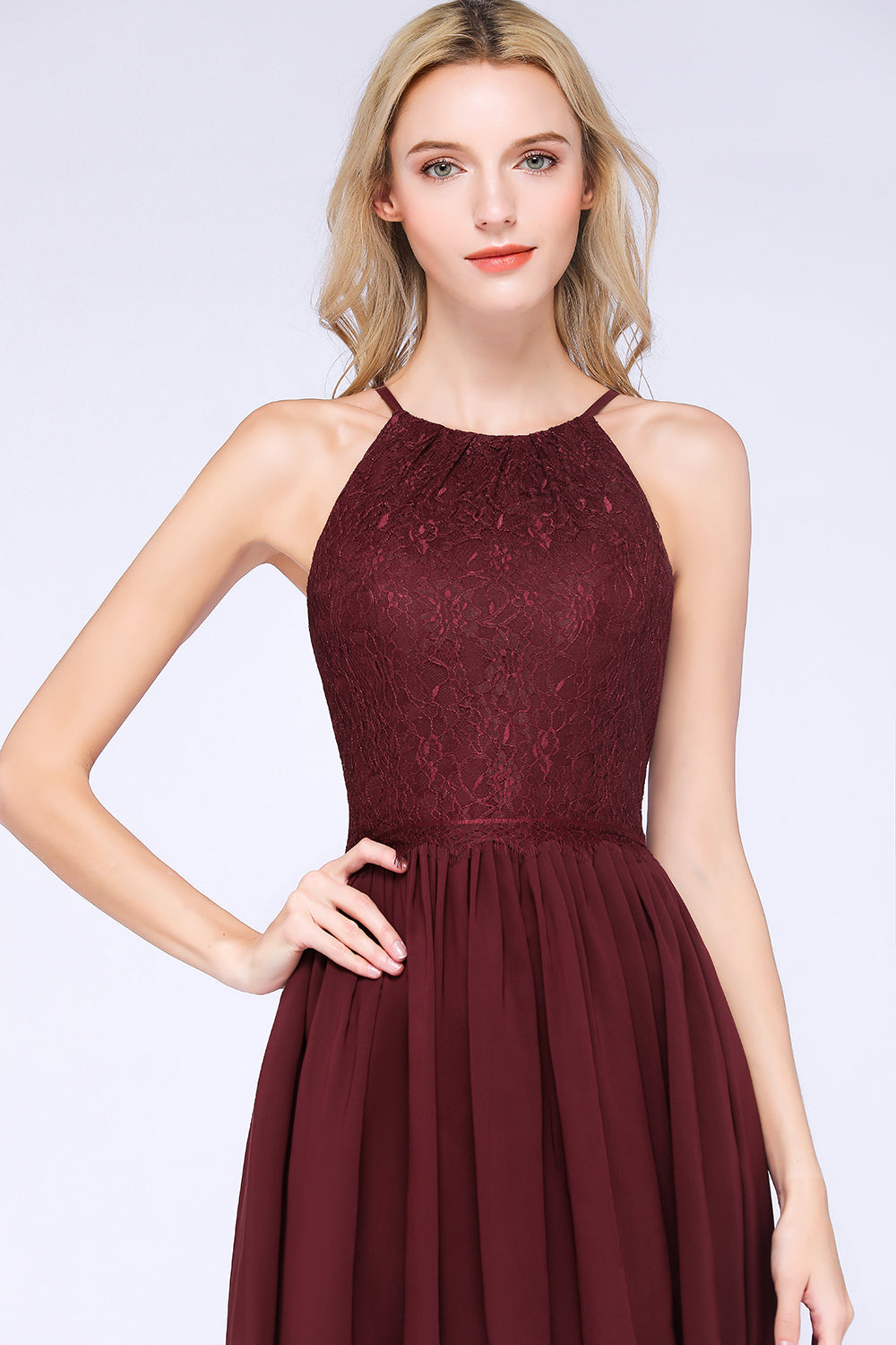 Lovely Burgundy Lace Short Bridesmaid Dress With Spaghetti-Straps-Babyonlines