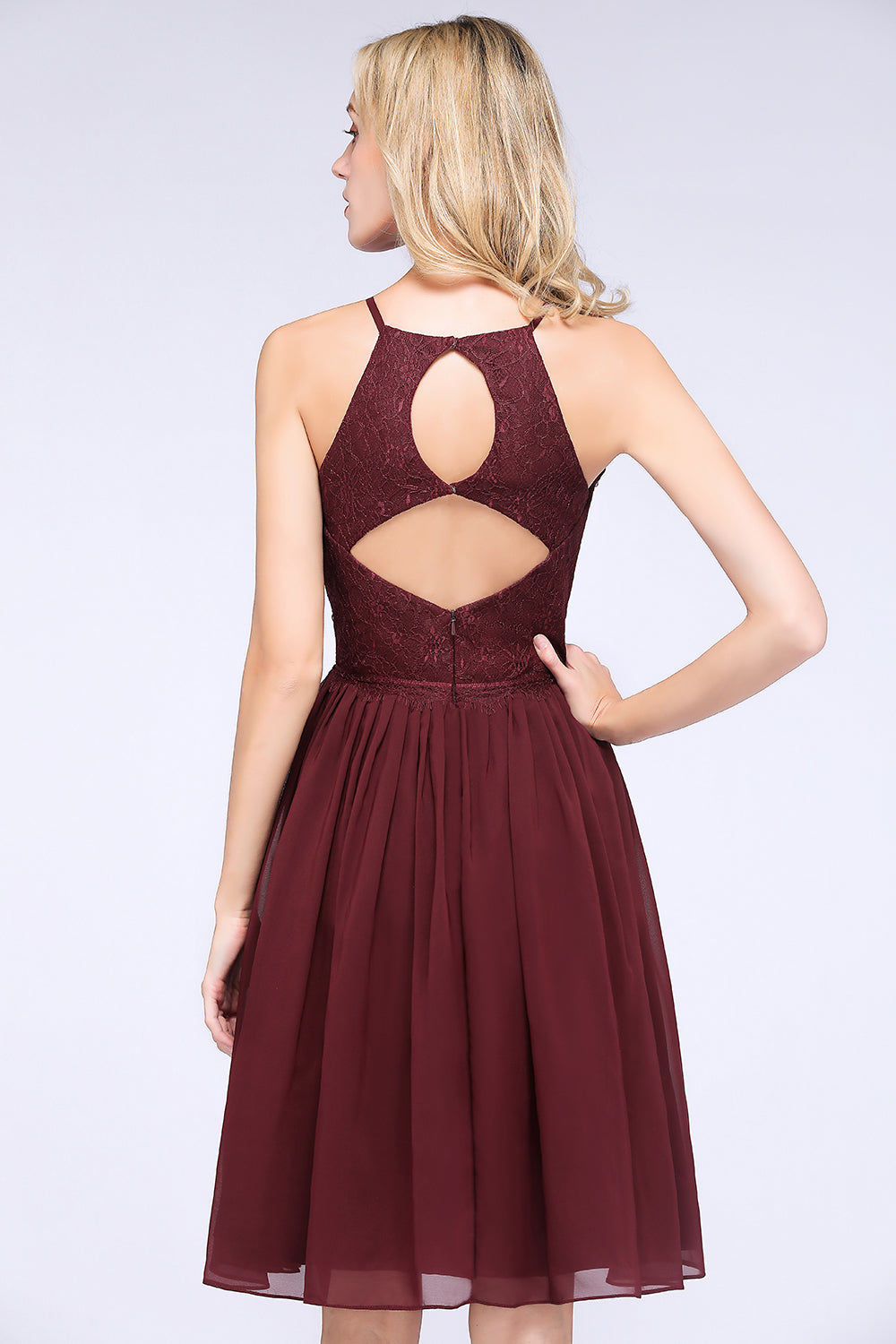 Lovely Burgundy Lace Short Bridesmaid Dress With Spaghetti-Straps-Babyonlines