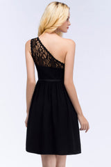 Lovely Lace Black One-shoulder Short Junior Bridesmaid Dresses Online-Babyonlines