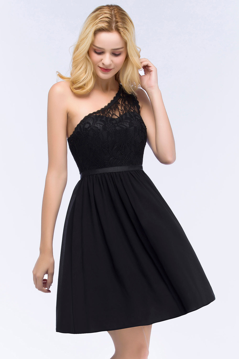 Lovely Lace Black One-shoulder Short Junior Bridesmaid Dresses Online-Babyonlines