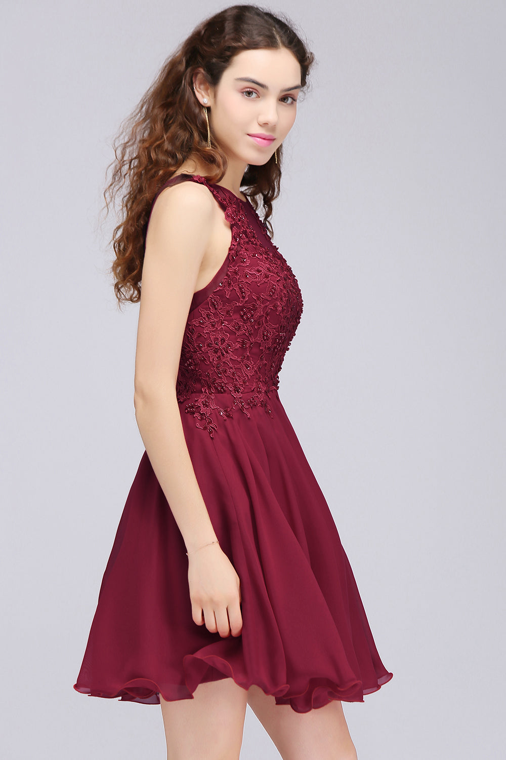 Lovely Lace Short Burgundy Bridesmaid Dress with Appliques-Babyonlines
