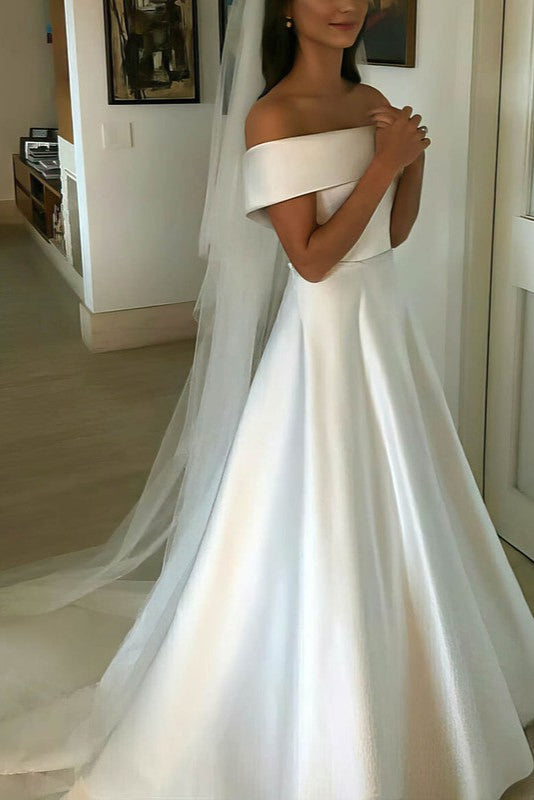 Luxurious Ball Gown Off-the-shoulder Satin Sweep Train Wedding Dresses With Buttons