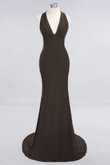 Mermaid Halter V-Neck Dark Green Chiffon Bridesmaid Dress with Open Back-Babyonlines